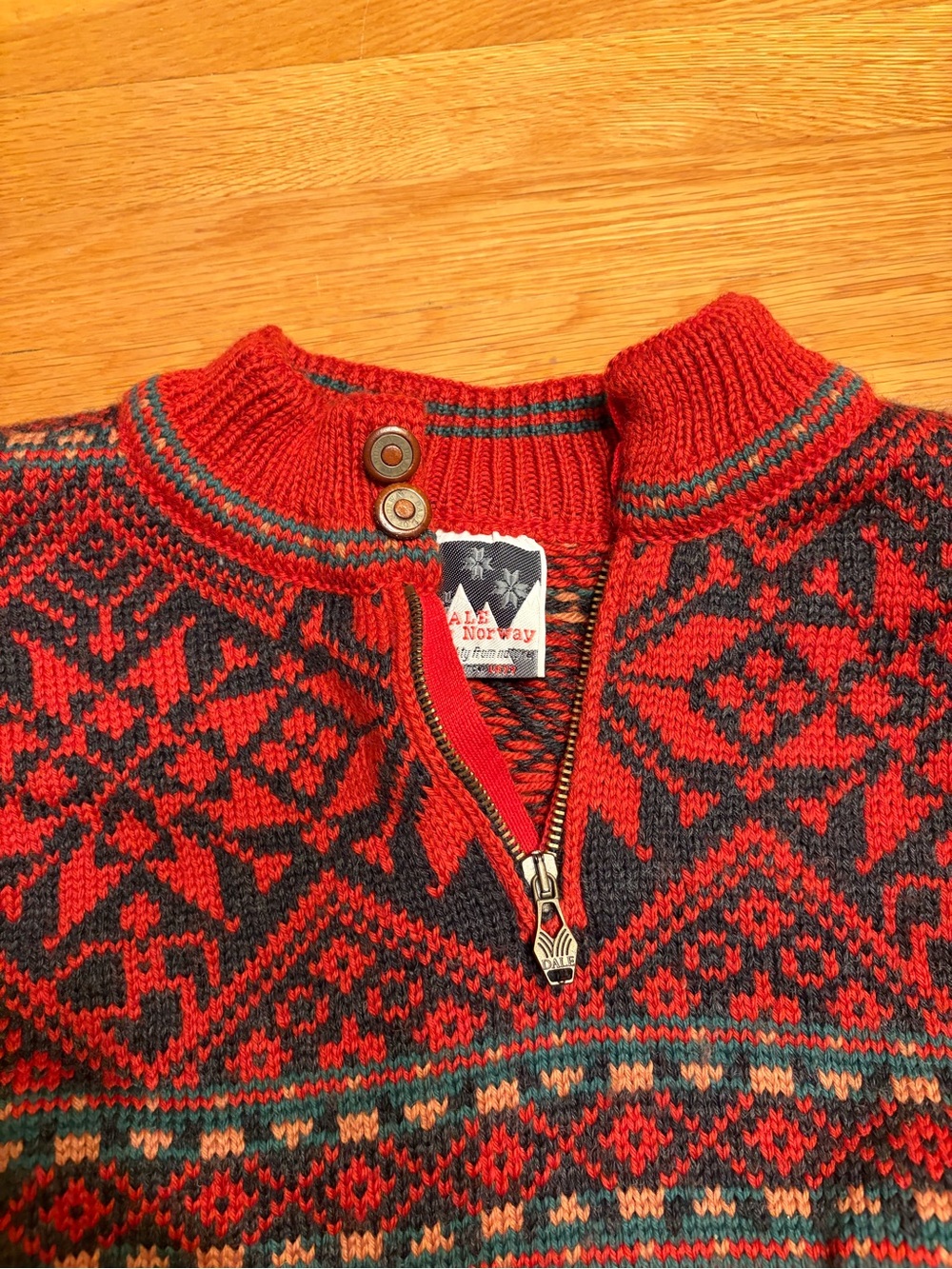 Norwegian-Inspired Red & Dark Gray Zip-Up Sweater